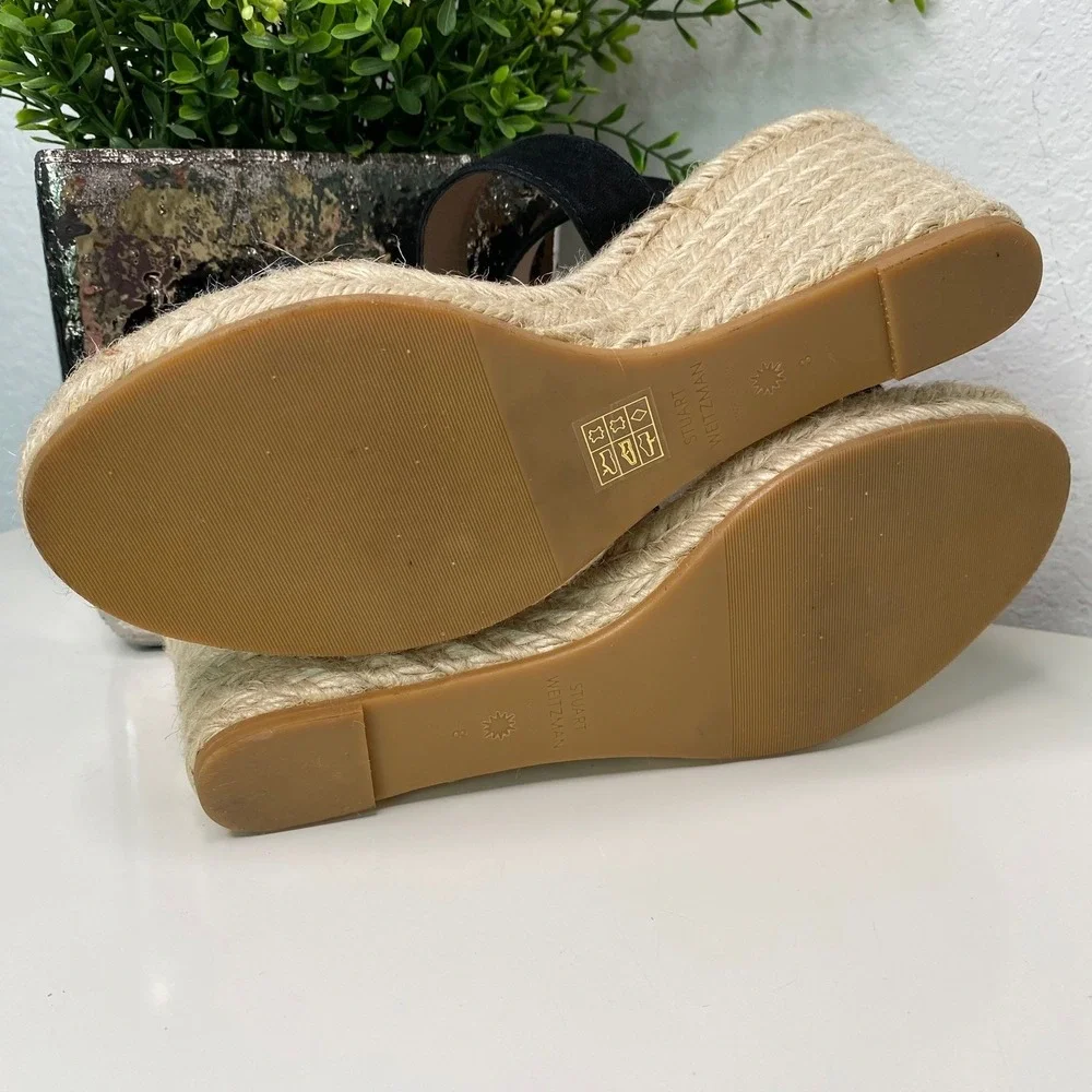 Stuart Weitzman Lexia Espadrille Wedge‎ Sandal Ankle Strap Black Suede Size 8